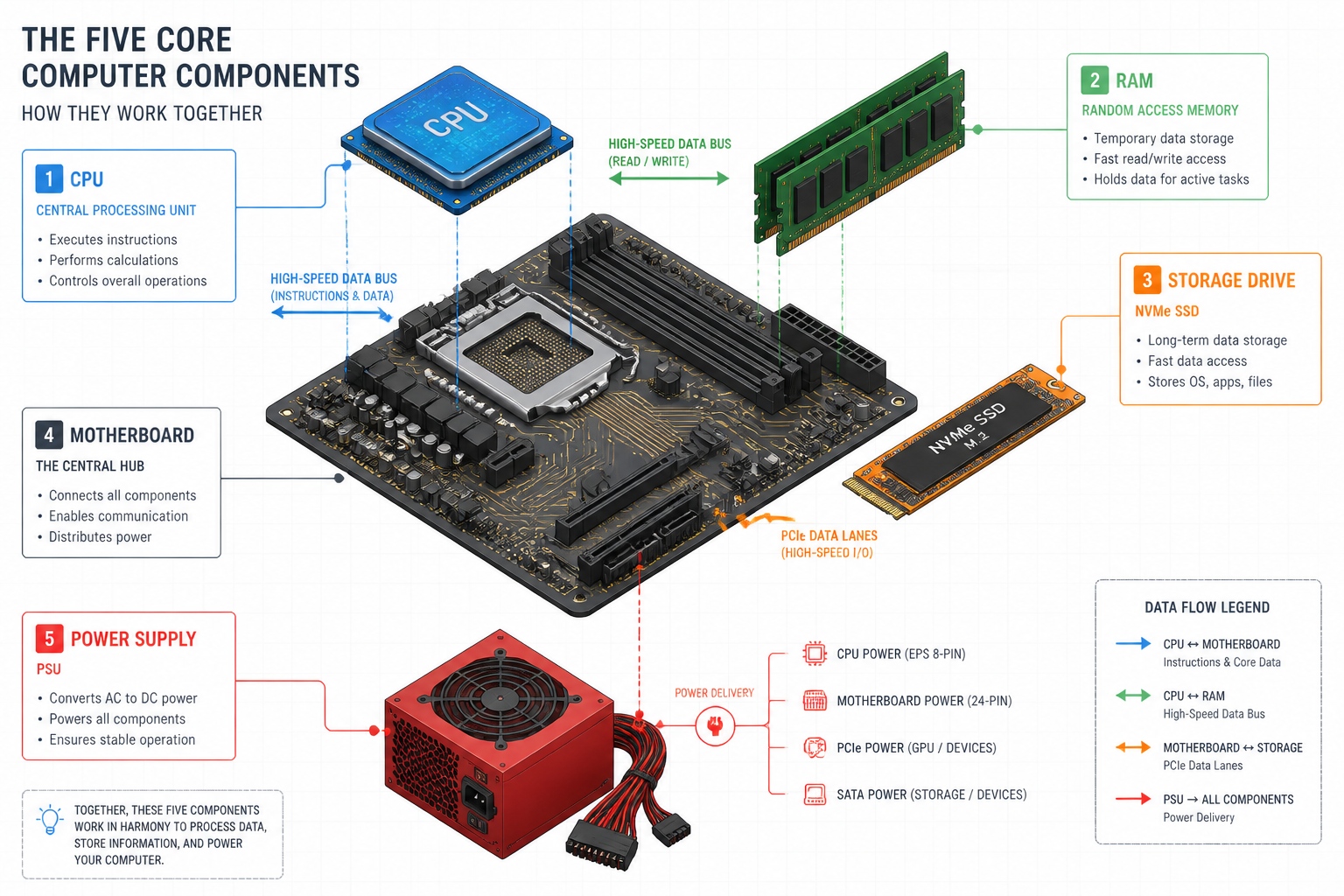How Does a Computer Work? (Plain-English Guide) | Refurbished computers in San Antonio Detailed () diagram-style illustration showing the five core computer components — CPU, RAM, storage drive, motherboard, and