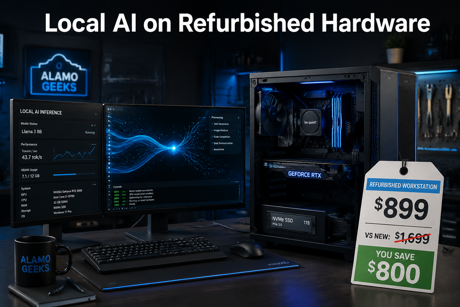 The Future Of Computing: Local Ai &Amp; Refurbished Tech | Refurbished Computers In San Antonio Detailed () Editorial Illustration Showing A Side-By-Side Comparison: On The Left, A Sleek Refurbished Desktop Workstation