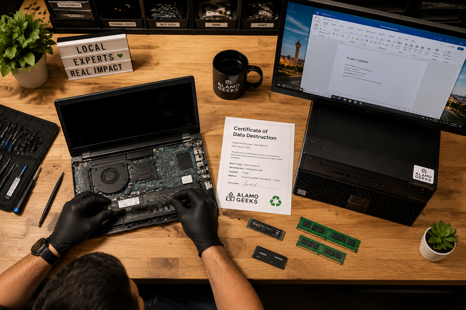 Microsoft 365 Vs. Local Office Apps: Which Is Best For Your Workflow? | Refurbished Computers In San Antonio Detailed () Image Depicting A San Antonio Local Computer Shop Workbench Scene From A Bird'S-Eye Overhead Angle. On The