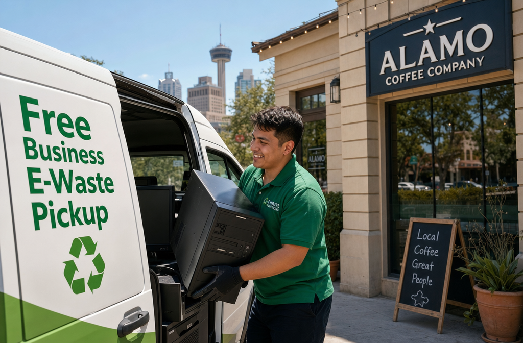 The Environmental And Financial Benefits Of E-Waste Recycling For Local Businesses | Refurbished Computers In San Antonio Detailed () Image Depicting A San Antonio Small Business Storefront Exterior With A Friendly Staff Member In A Branded Green