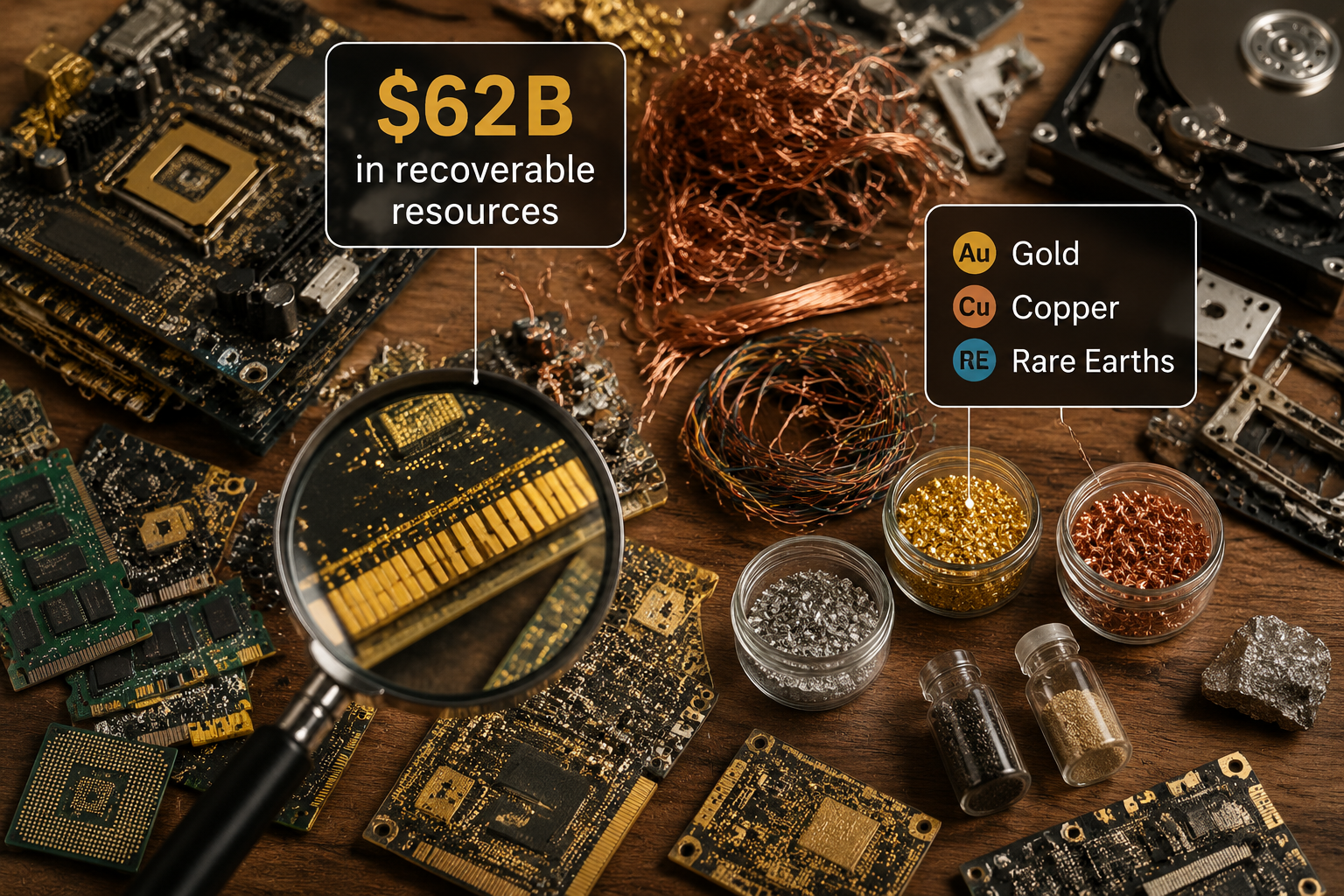 The Environmental And Financial Benefits Of E-Waste Recycling For Local Businesses | Refurbished Computers In San Antonio Detailed () Image Showing A Close-Up Overhead Shot Of A Wooden Table Covered With Disassembled E-Waste Components Including