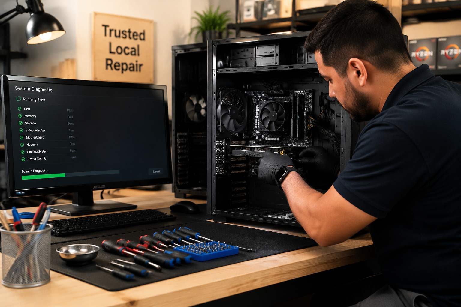 Malware Vs. Ransomware: How To Spot The Signs Of An Infected Pc | Refurbished Computers In San Antonio Detailed () Photograph Of A Professional Computer Repair Technician At A Clean, Well-Lit Workbench Carefully Inspecting The