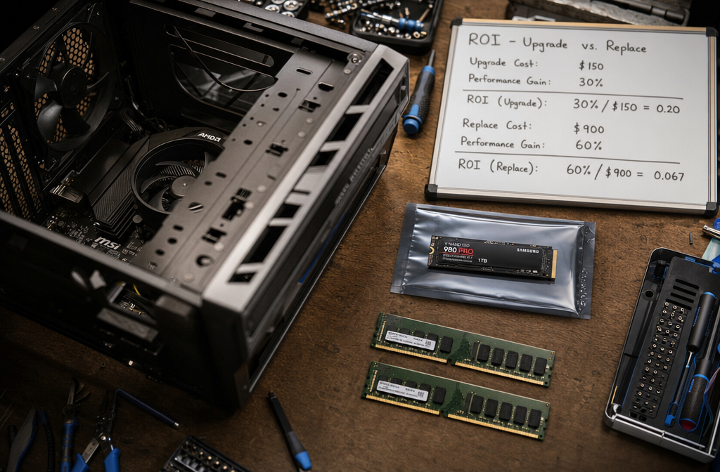When To Upgrade Vs. Replace Your Office Computers: A Small Business Guide To Smarter Decisions | Refurbished Computers In San Antonio Detailed () Showing A Close-Up Overhead Shot Of A Technician'S Workbench With An Open Desktop Pc Case, New Nvme Ssd In