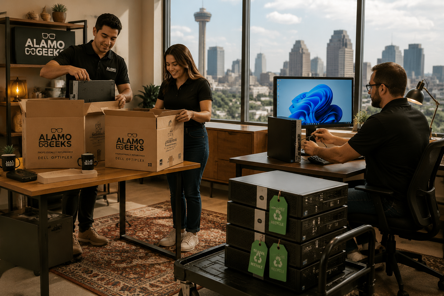 When To Upgrade Vs. Replace Your Office Computers: A Small Business Guide To Smarter Decisions | Refurbished Computers In San Antonio Detailed () Showing A Small Business Office Environment Where Two Employees Unbox Professionally Refurbished Dell Optiplex