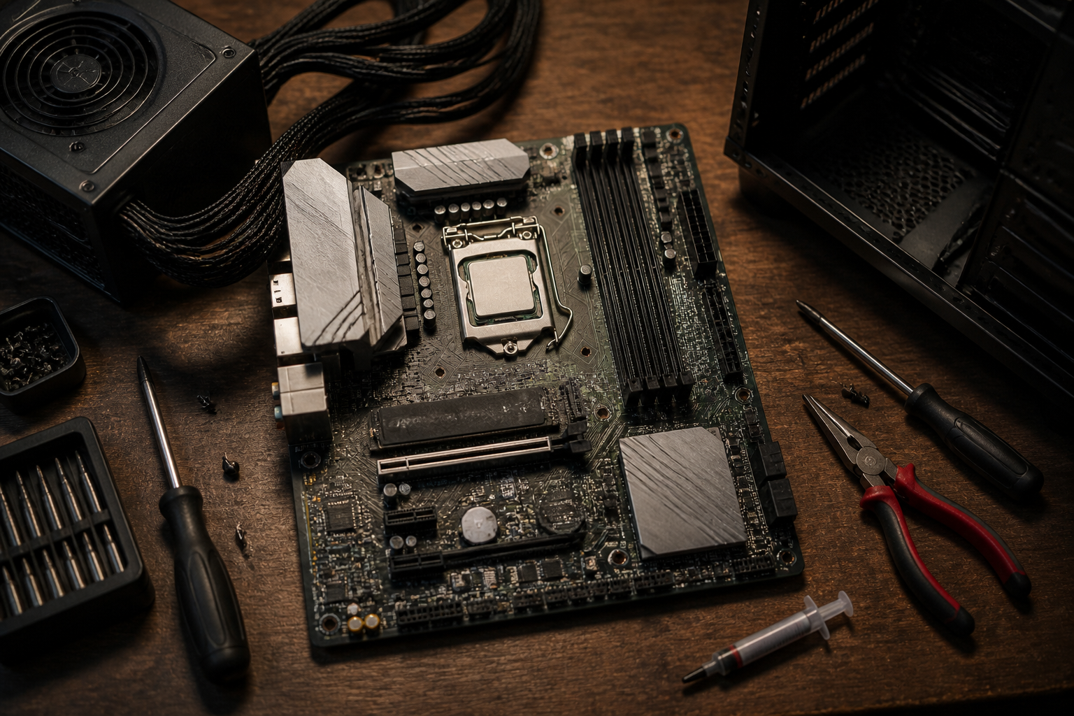 Dramatic overhead bird's-eye-view photograph of a workbench showing a custom PC build in progress: motherboard laid flat