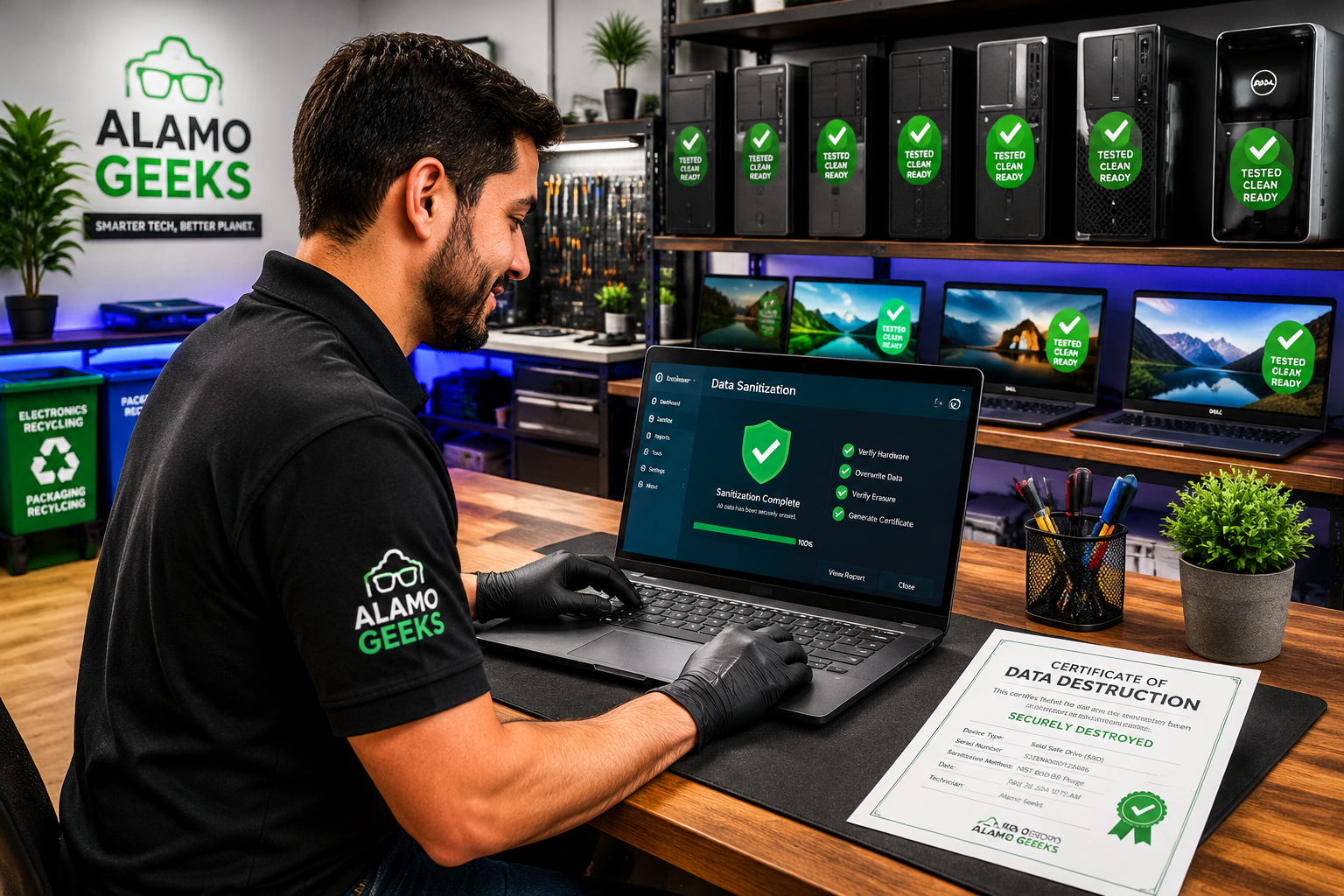 The Hidden Danger In Your Closet: Why Storing Old Tech Is An Identity Theft Risk | Refurbished Computers In San Antonio () Bright And Clean Editorial Photograph Of A Professional Technician At A Well-Organized Computer Workstation Using Data