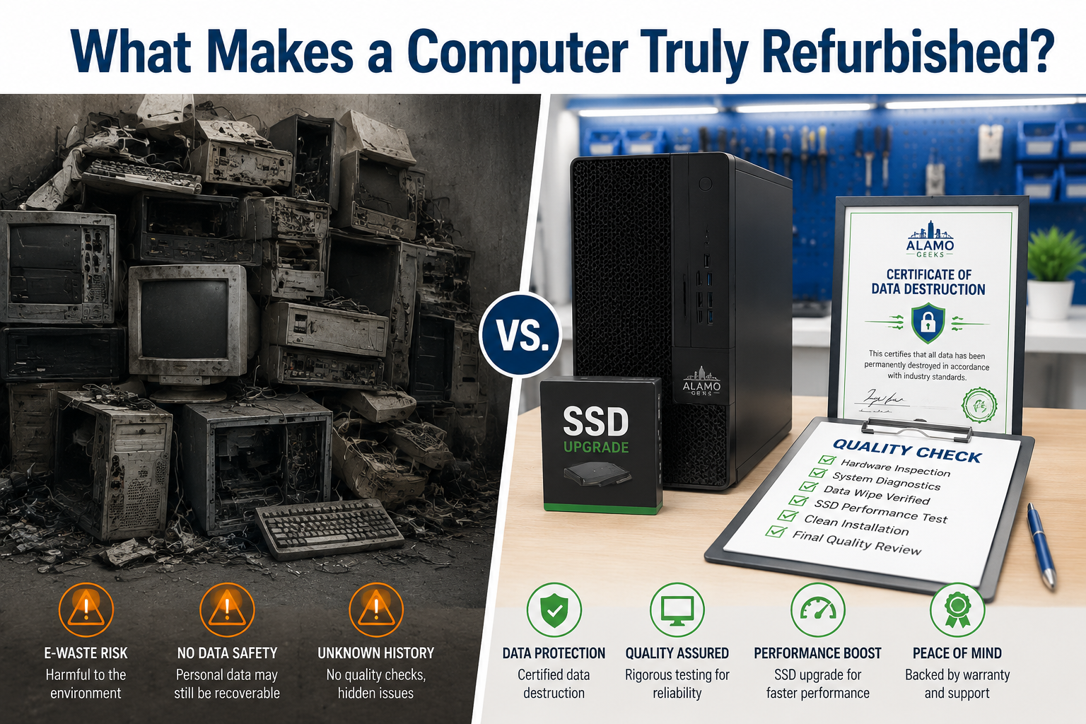 The Ultimate Refurbished Computer Buyer'S Guide | Refurbished Computers In San Antonio () Editorial Illustration Showing A Split-Scene Comparison: Left Side Features A Chaotic Pile Of Old, Dusty Computers
