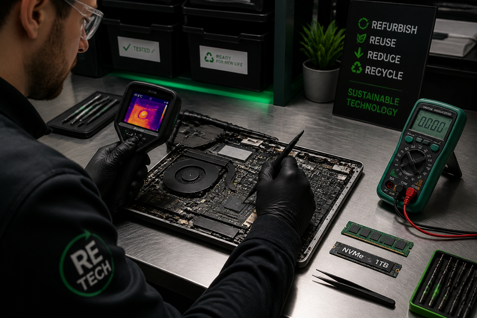 () editorial photo of a technician in a clean workshop environment performing thermal testing on an open laptop chassis,
