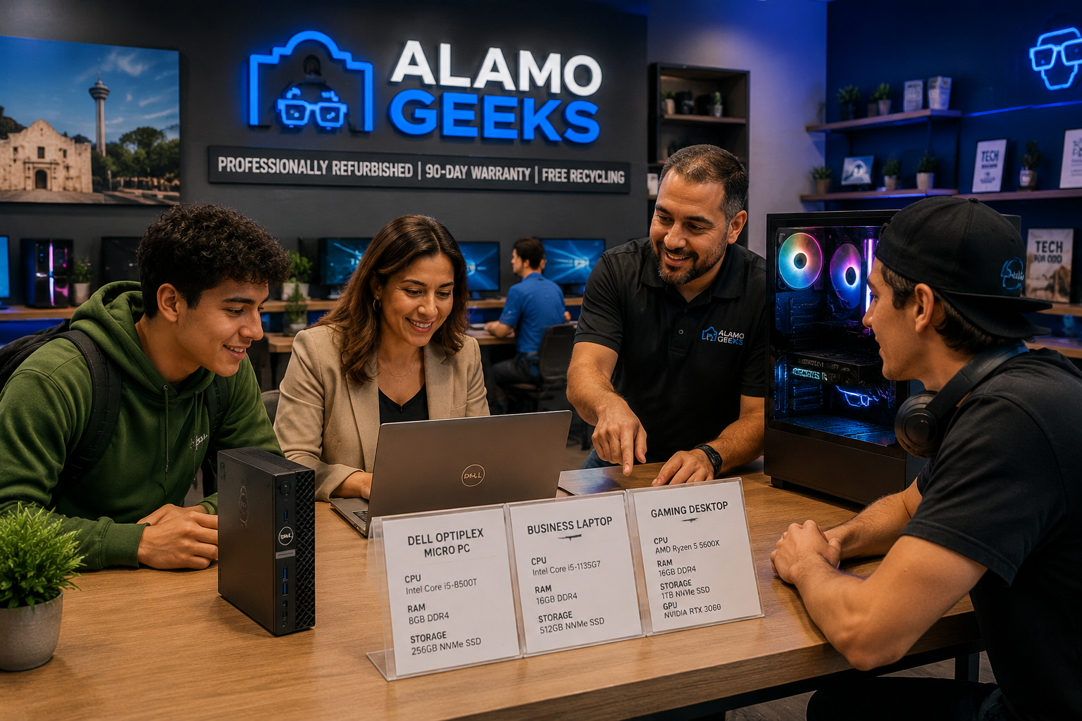 The Ultimate Refurbished Computer Buyer'S Guide | Refurbished Computers In San Antonio () Editorial Photo-Realistic Scene Of A San Antonio Tech Shop Interior With Diverse Shoppers — A Price-Conscious Student, A