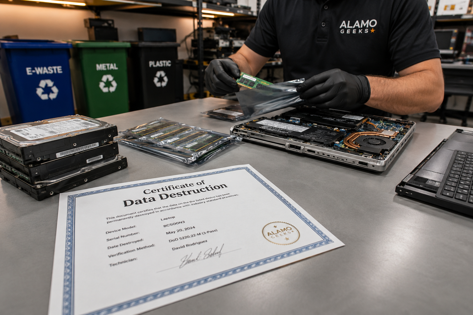 How To Get Free Computer Recycling In San Antonio (And Why Data Destruction Matters) | Refurbished Computers In San Antonio () Editorial Photograph Showing A Technician Wearing Gloves Carefully Sorting Computer Components On A Clean Industrial