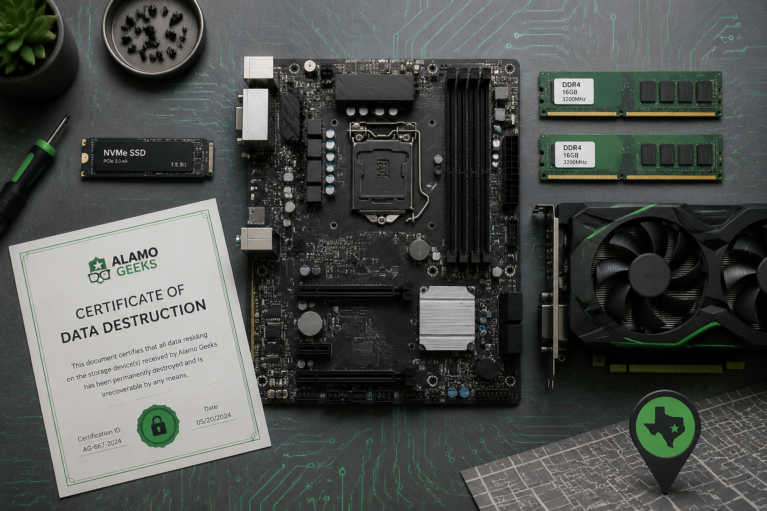 The Future Of Computing: Local Ai &Amp; Refurbished Tech | Refurbished Computers In San Antonio () Overhead Flat-Lay Photograph Of A Refurbished Pc Components Spread On A Clean Workbench: Nvme Ssd Drive, Ddr4 Ram