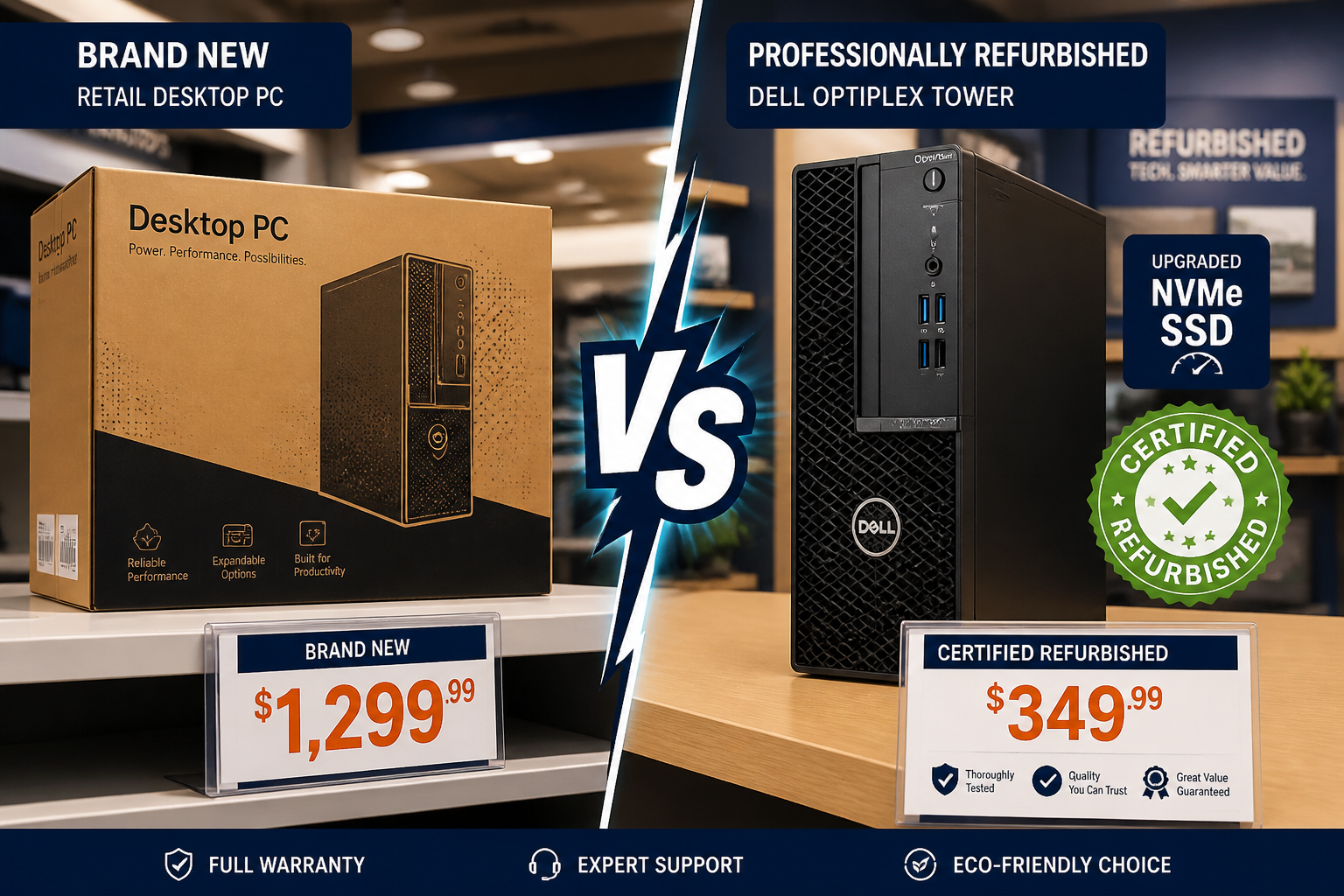 How Does a Computer Work? (Plain-English Guide) | Refurbished computers in San Antonio () split-screen comparison image: left side shows a brand-new retail boxed desktop PC on a store shelf with a high price