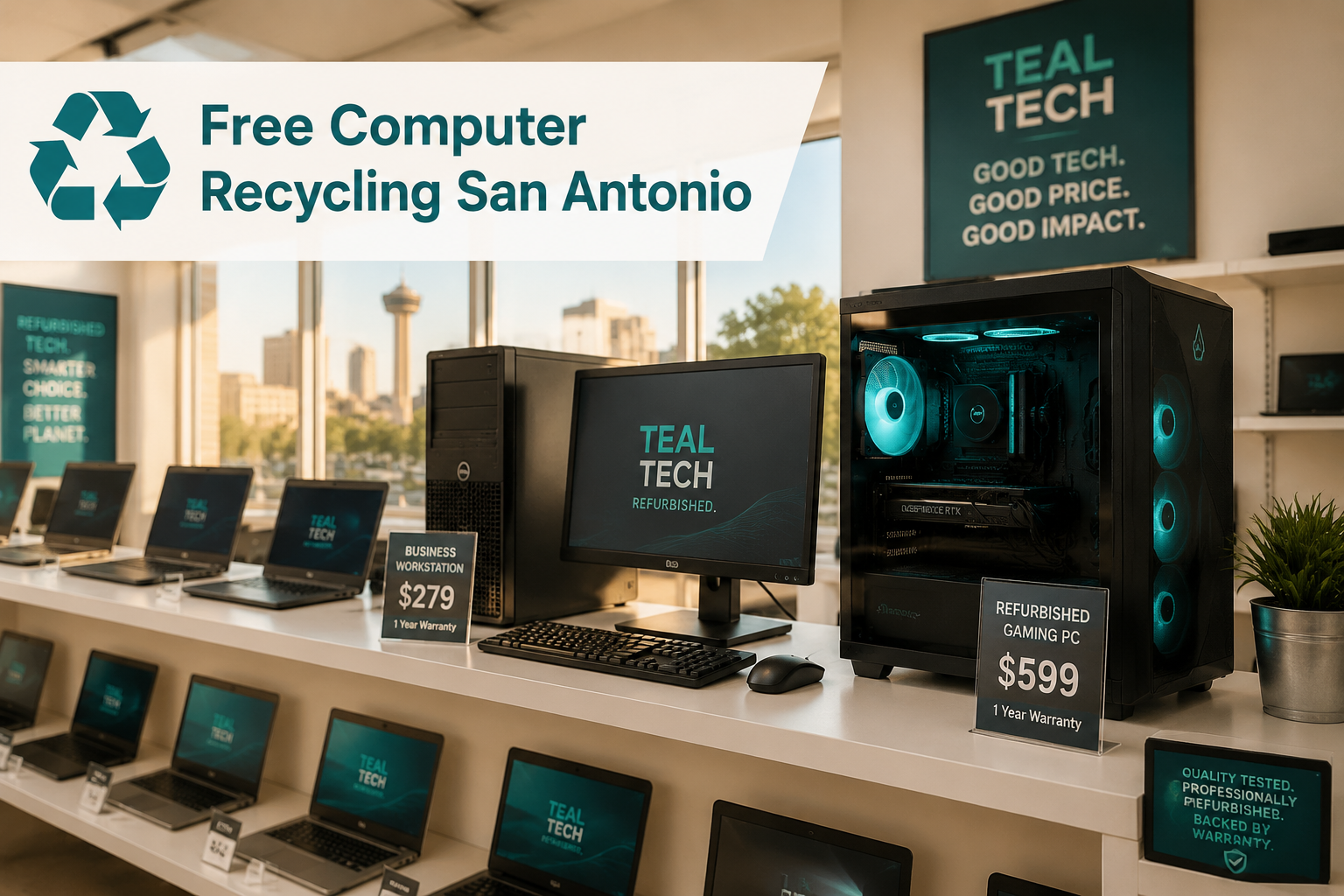 Computer Recycling vs Donating. The safest choice. | Refurbished computers in San Antonio () wide-angle shot of a San Antonio urban storefront environment with a professionally refurbished gaming PC and business